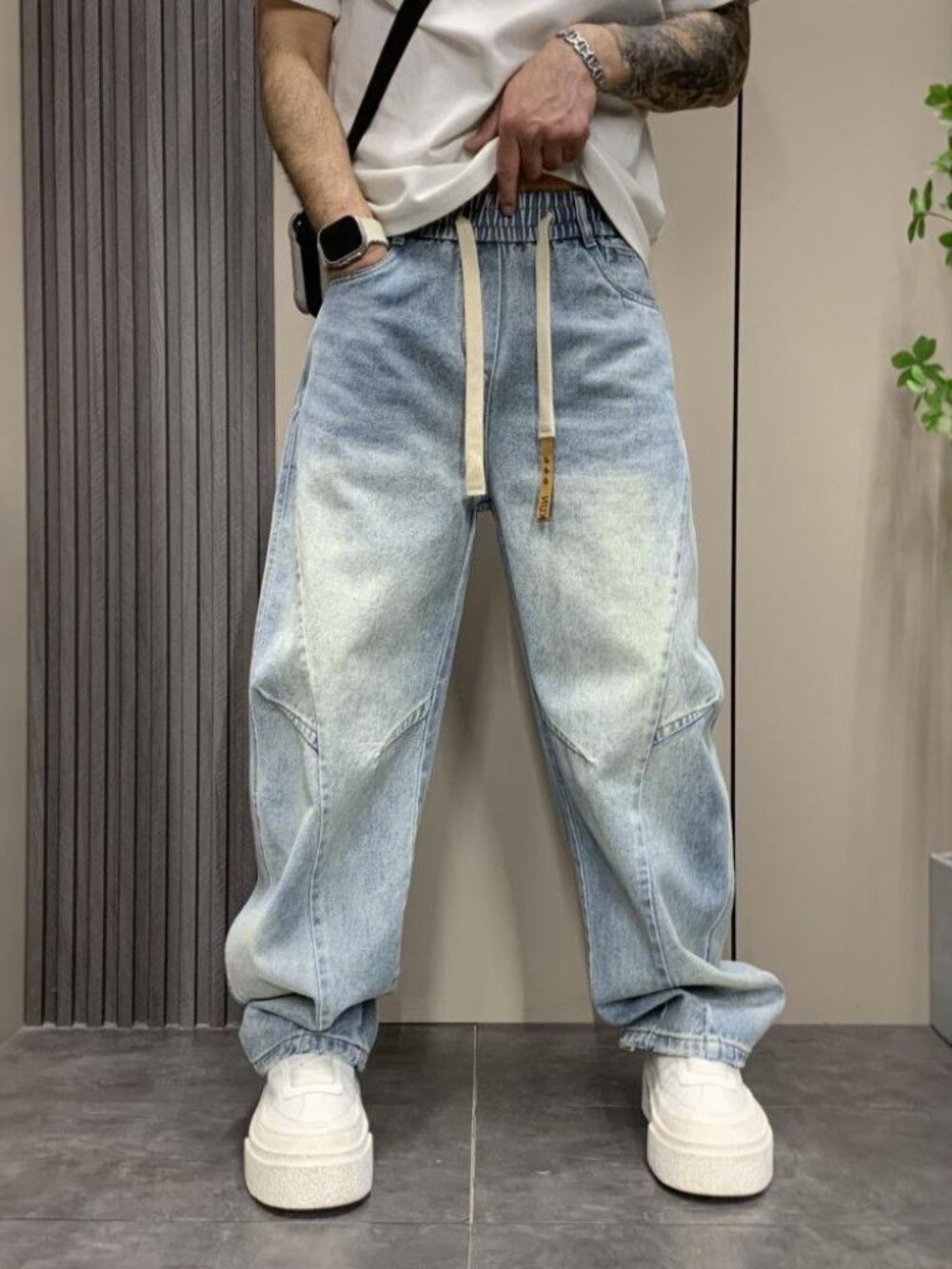 Men Light Wash Baggy Wide Leg Denim Jeans Elastic Drawstring Waist Size [32]